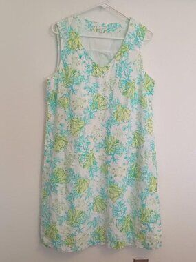 J JILL LOVE LINEN SLEEVELESS DRESS SEA TURTLE CORAL COASTAL AQUA LIME MED TALL